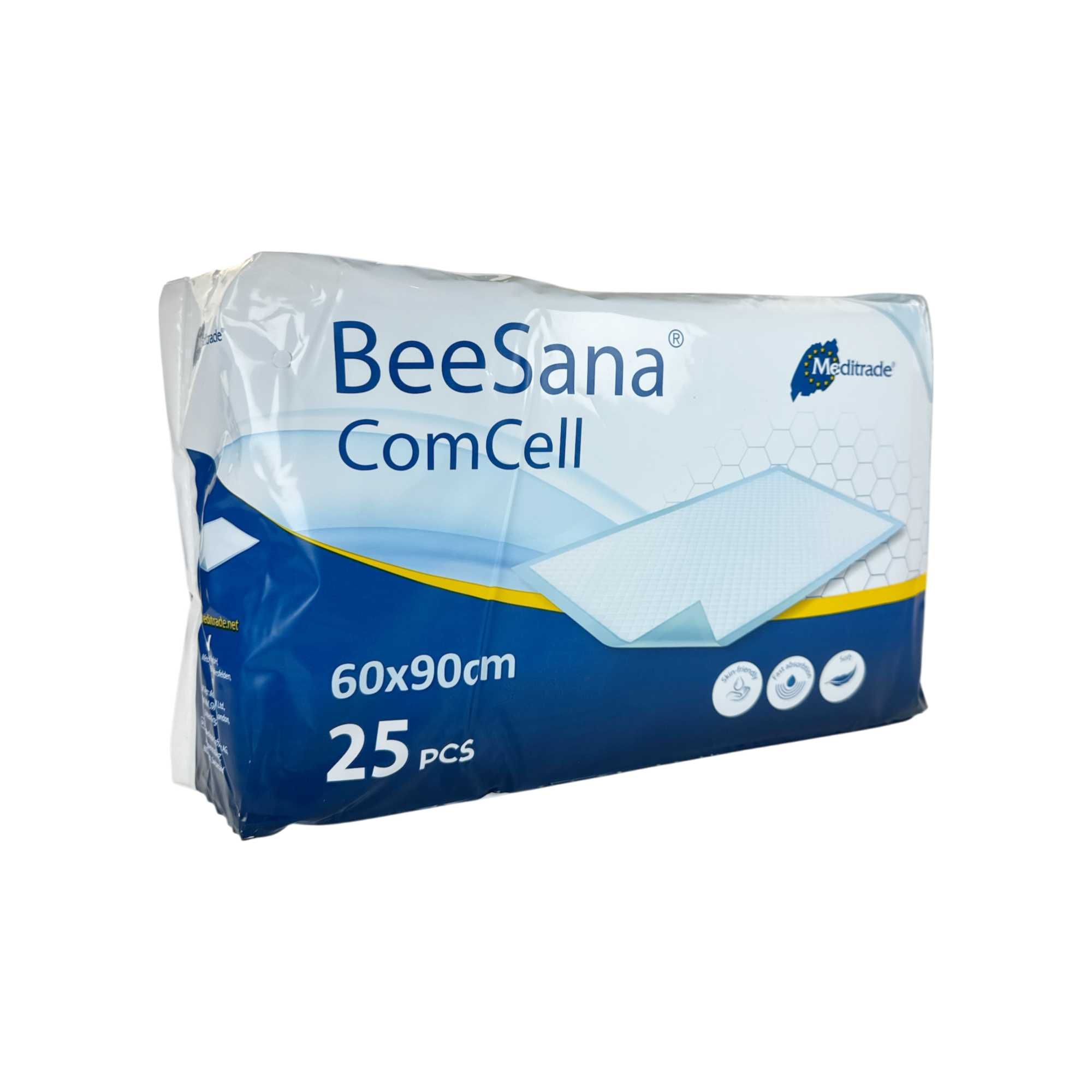 Verpackung von BeeSana ComCell Unterlagen. Enthält 25 Stück, Größe 60x90cm. Mit Meditrade Logo.