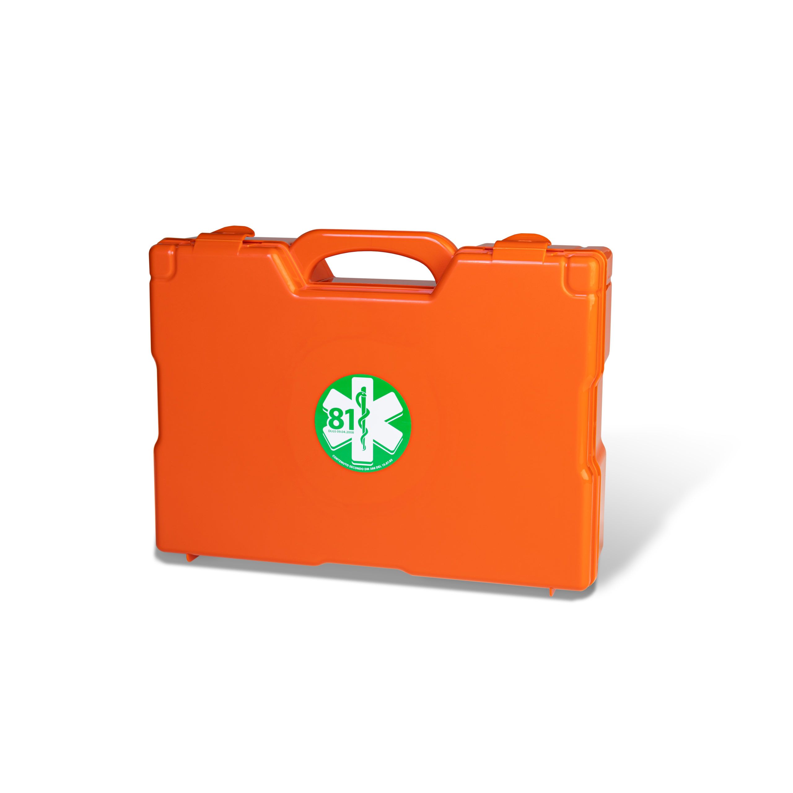 Orangener Erste-Hilfe-Koffer mit Griff und grünem Emblem. Koffer ist geschlossen und steht auf weißem Hintergrund.