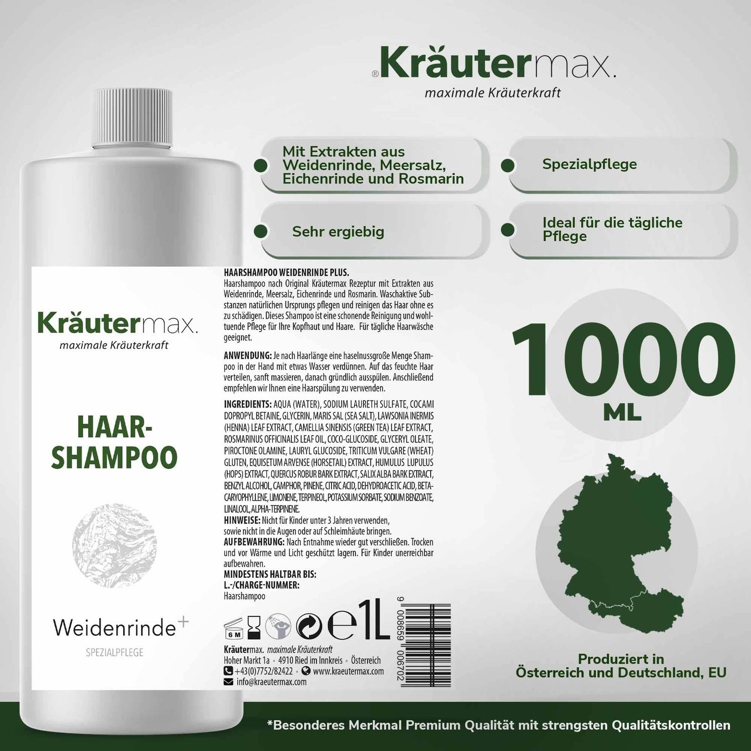 Weidenrinde Haarshampoo-Flasche mit Produktinformationen. 1000 ml. Enthält Extrakte aus Weidenrinde, Meersalz, Eichenrinde und Rosmarin. Hergestellt in Österreich und Deutschland.