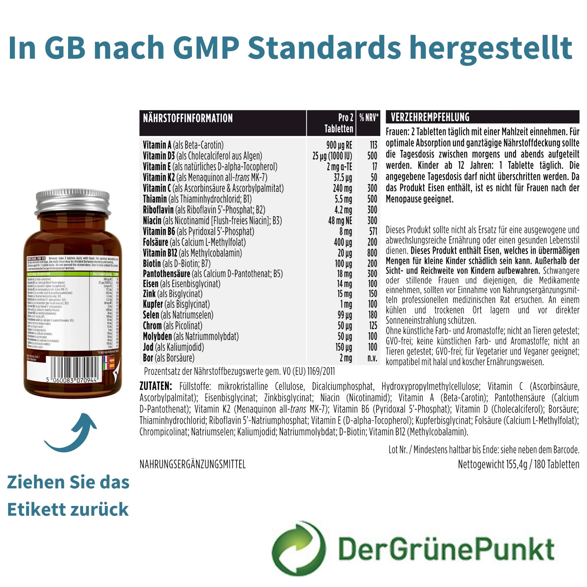 Rückseite einer Flasche mit Nährwertangaben und Herstellungsinformationen.