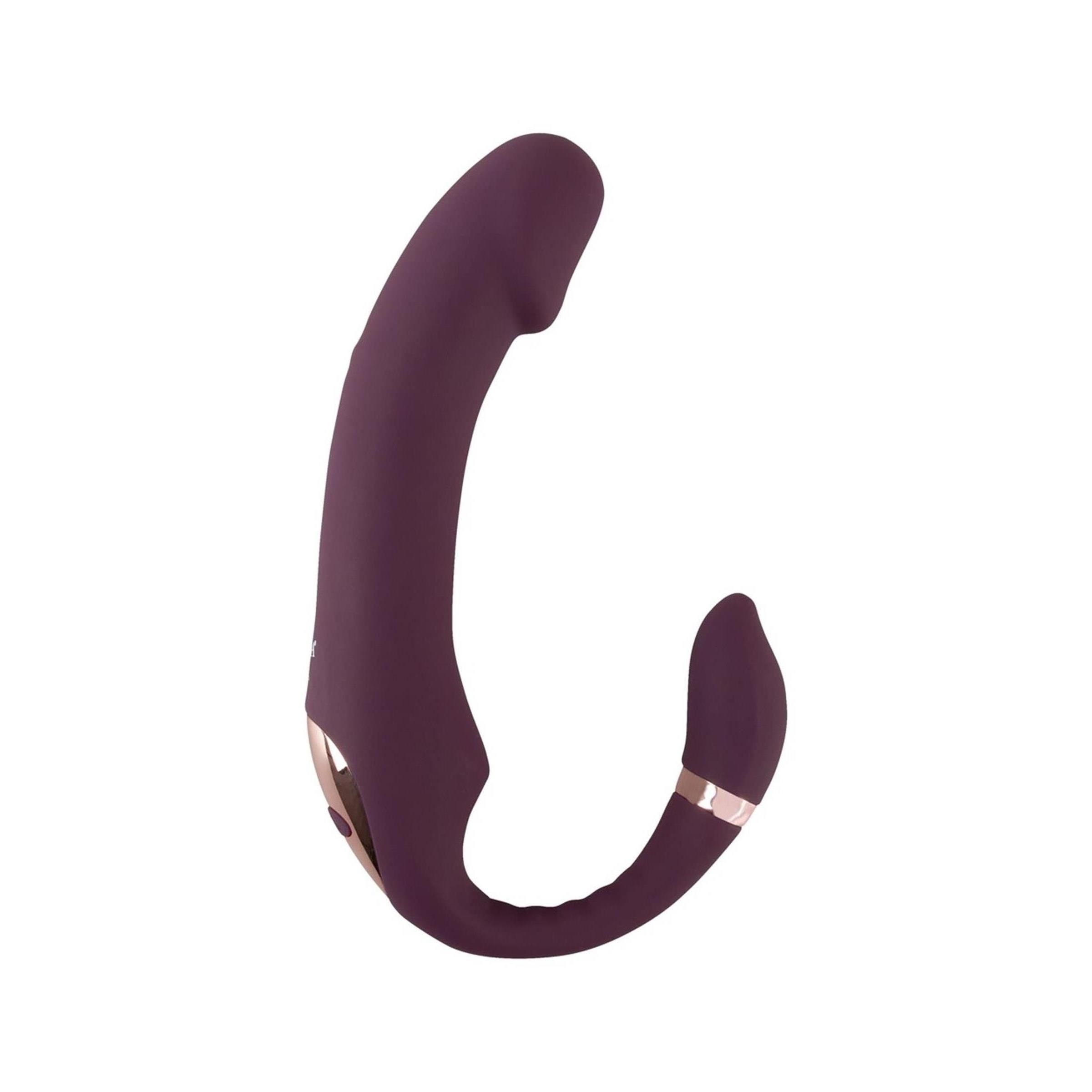 Lila Vibrator mit gebogener Form. Mit einem Stimulator-Aufsatz und goldenen Ringen. Auf weißem Hintergrund.