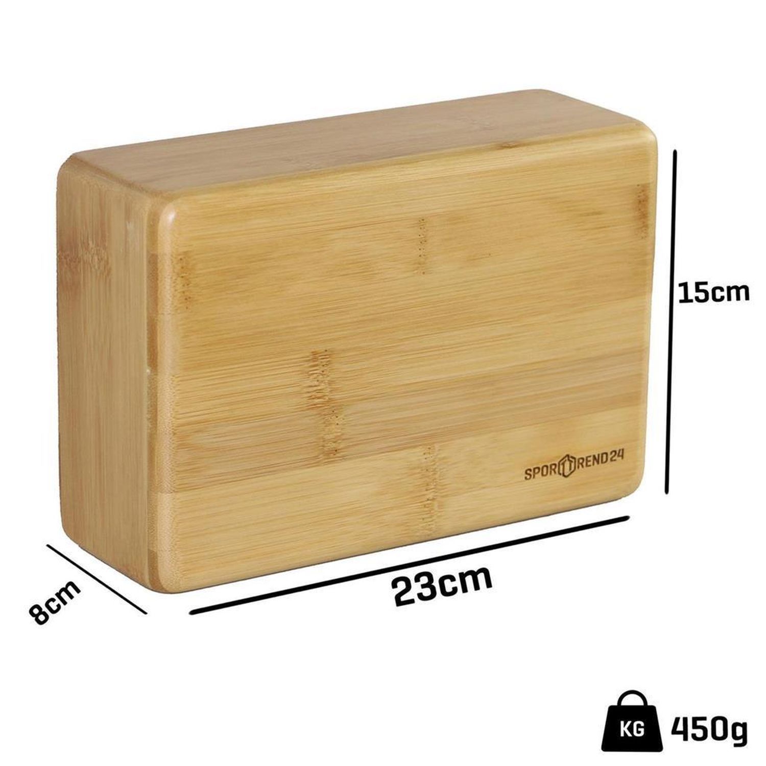 Rechteckiger Block aus hellem Holz. Maße: 23x15x8 cm. Gewicht: 450g. Auf dem Block ist der Schriftzug Sporttrend24 zu sehen.