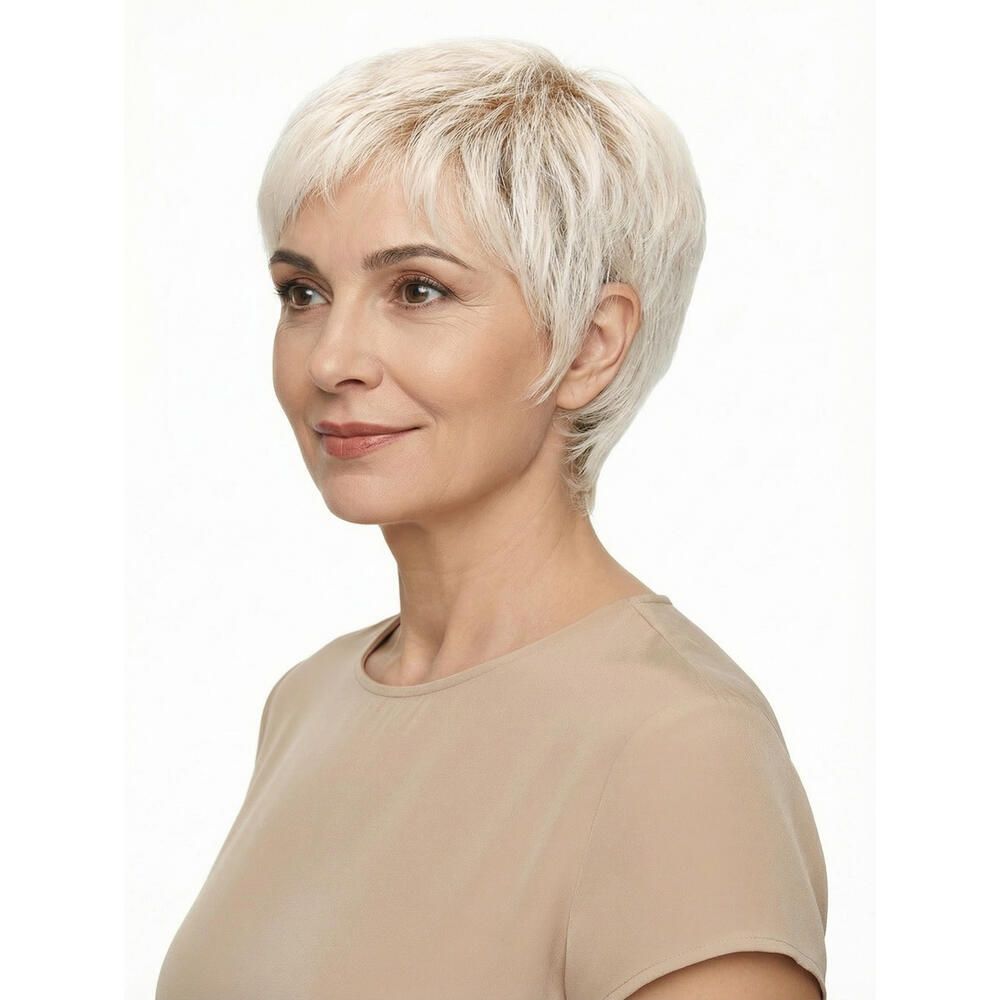 Kurzhaarperücke in Blond. Seitenansicht einer Frau mit Perücke. Helles Haar, seitlicher Pony. Beige Oberteil.