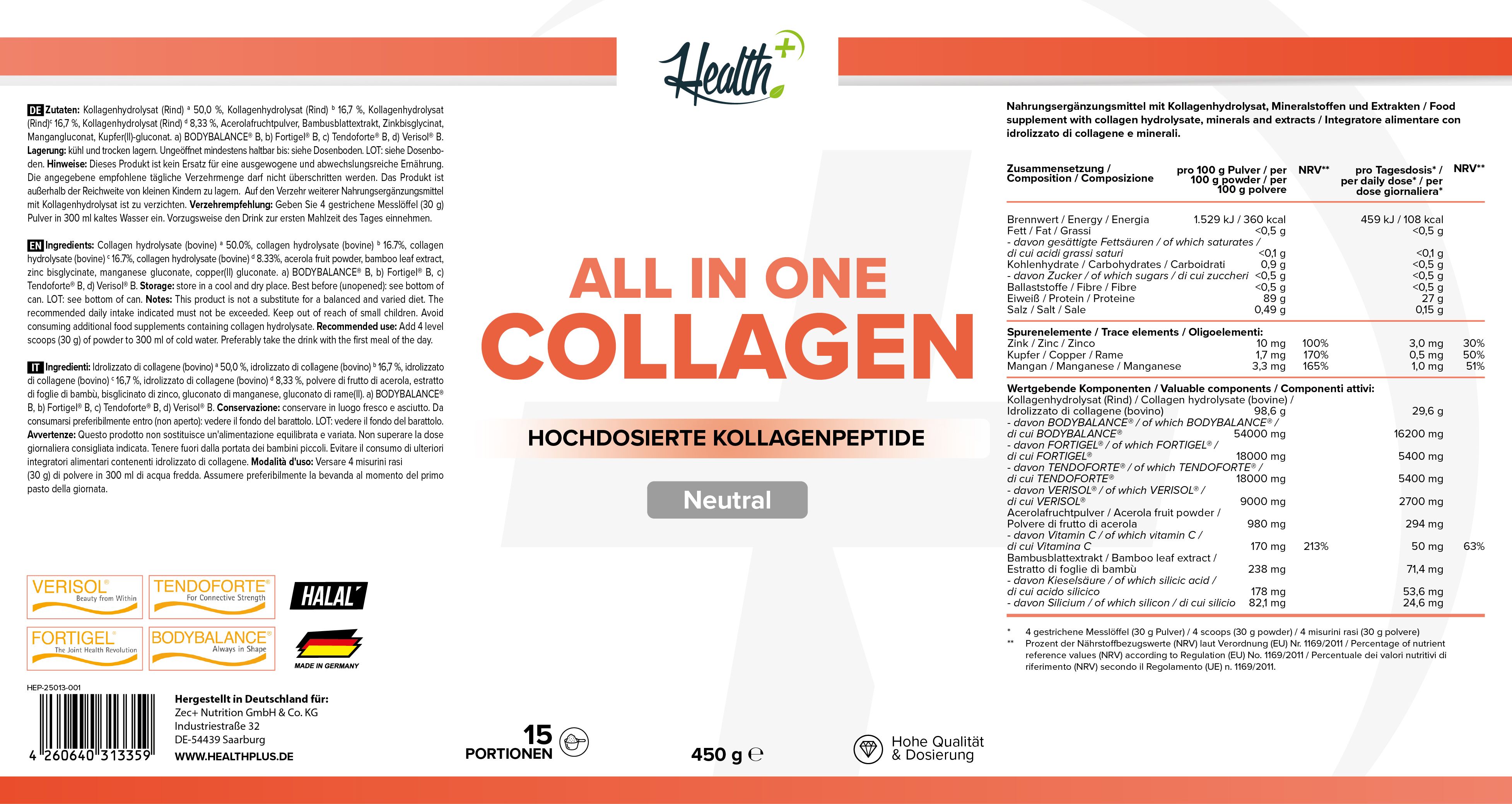 Health+ All in One Collagen Dose mit Siegeln, Nährwertangaben und Barcode.