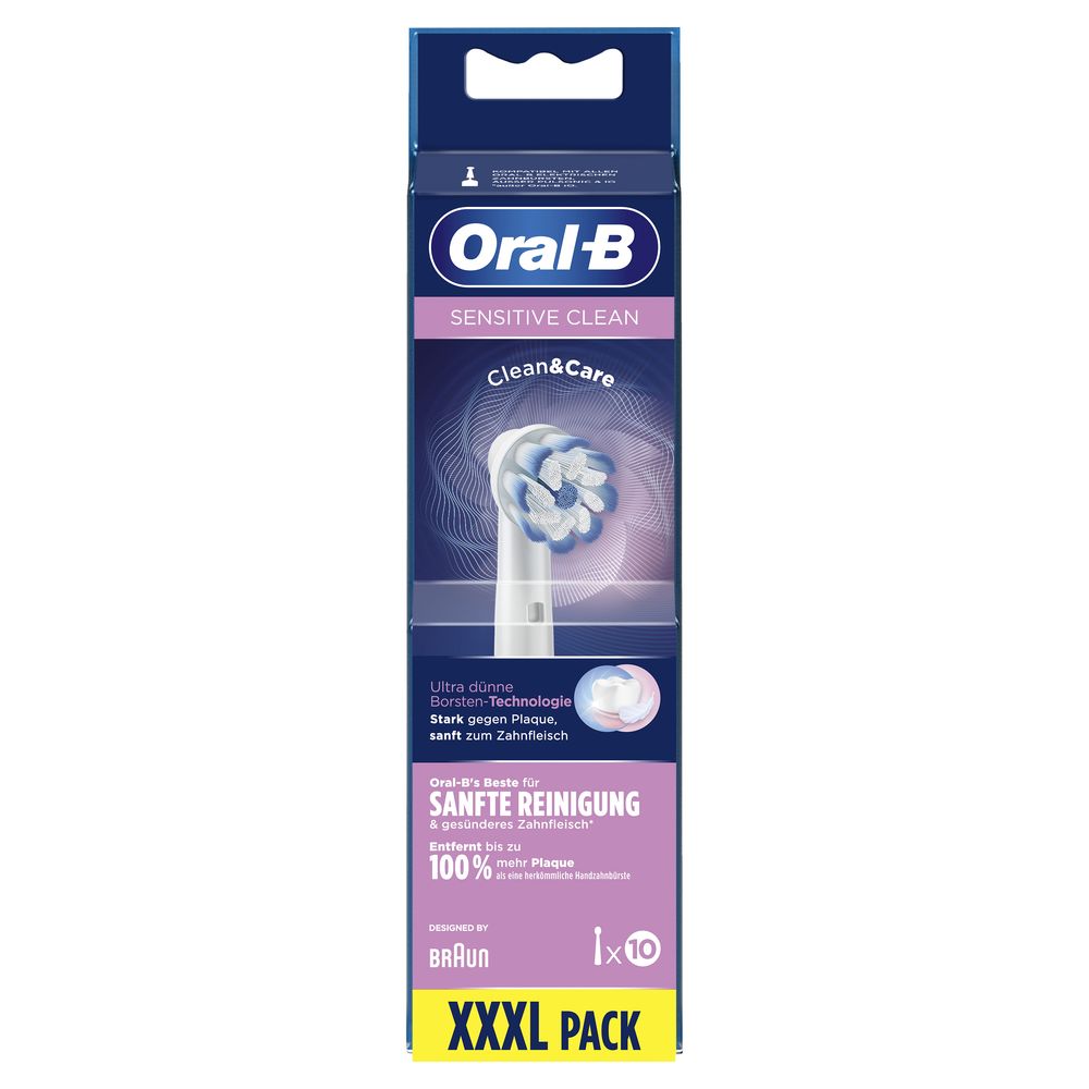 Verpackung von Oral-B Sensitive Clean Aufsteckbürsten. Produktabbildung und Schriftzug "XXXL PACK".