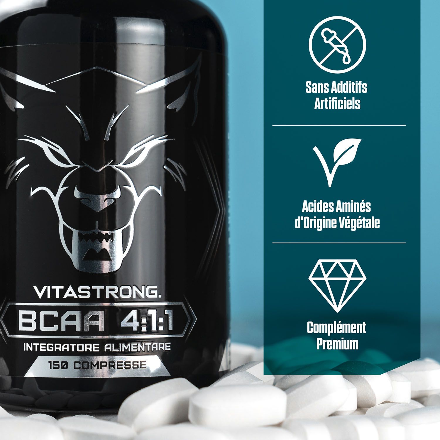Flacon Vitastrong BCAA 4:1:1 avec comprimés. Texte : Sans additifs artificiels, Acides Aminés d'origine végétale.
