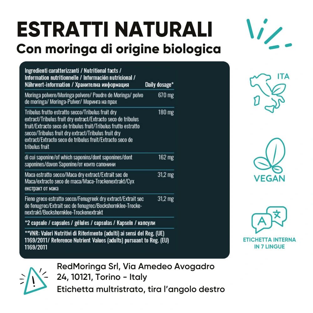 Etikett mit Inhaltsstoffen und Nährwertangaben. Vegan-Siegel. Text in 7 Sprachen.