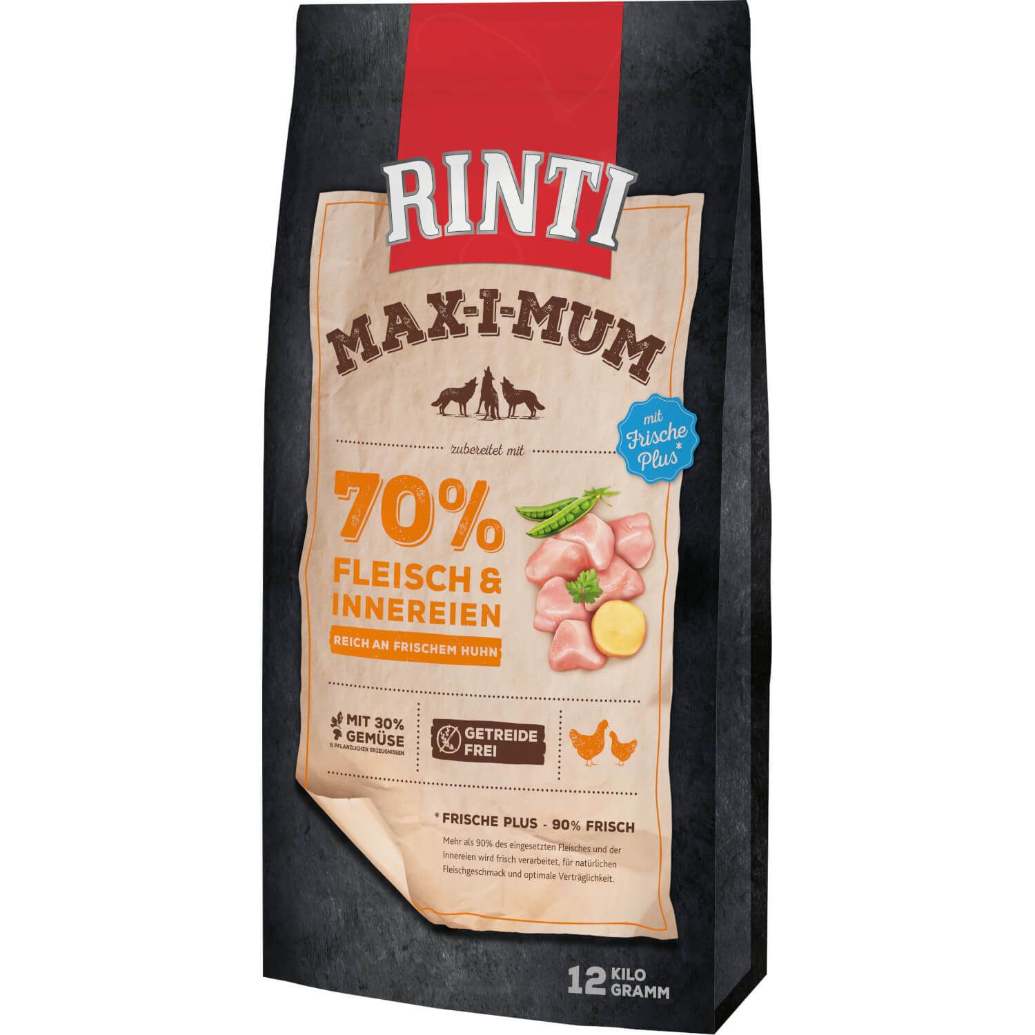 Verpackung von Rinti Max-i-Mum Huhn. Enthält 70% Fleisch & Innereien. Mit 30% Gemüse. Getreidefrei. 12 kg.