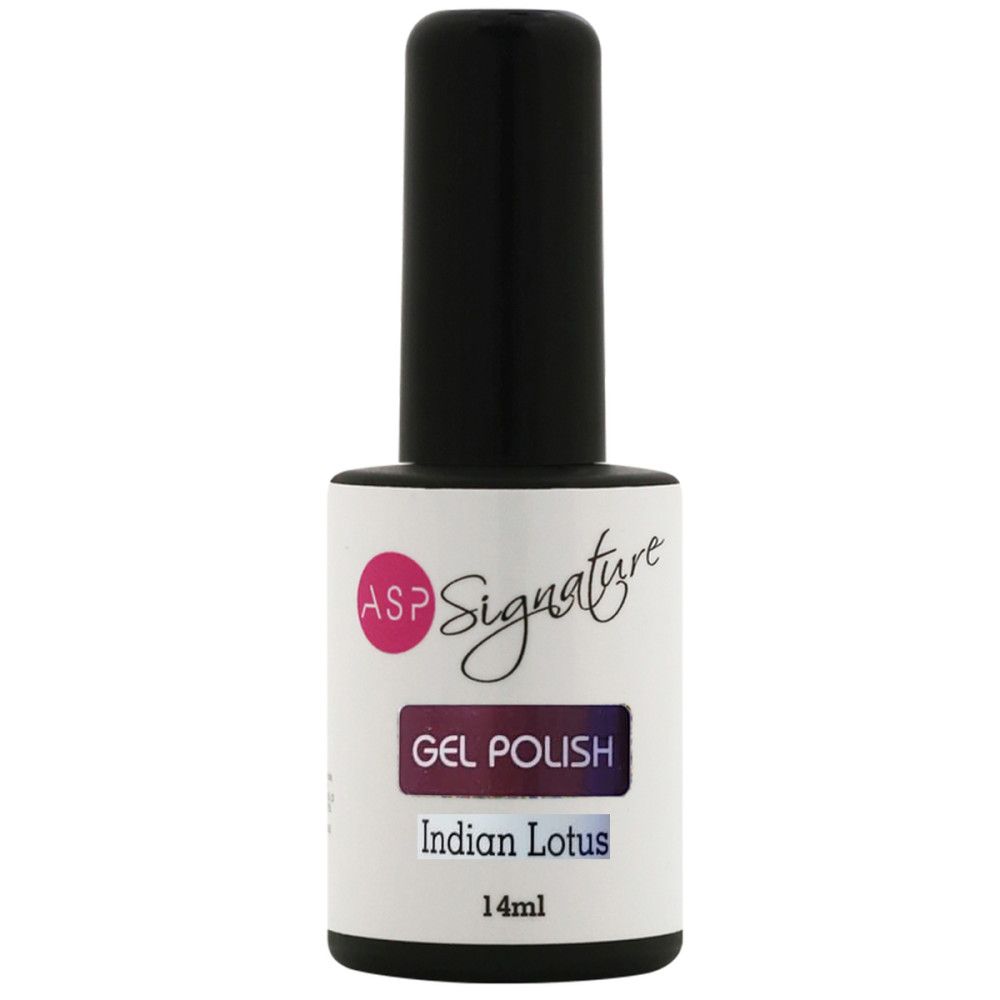 Nagellackflasche mit schwarzem Deckel. Aufschrift: ASP Signature, Gel Polish, Indian Lotus, 14ml.