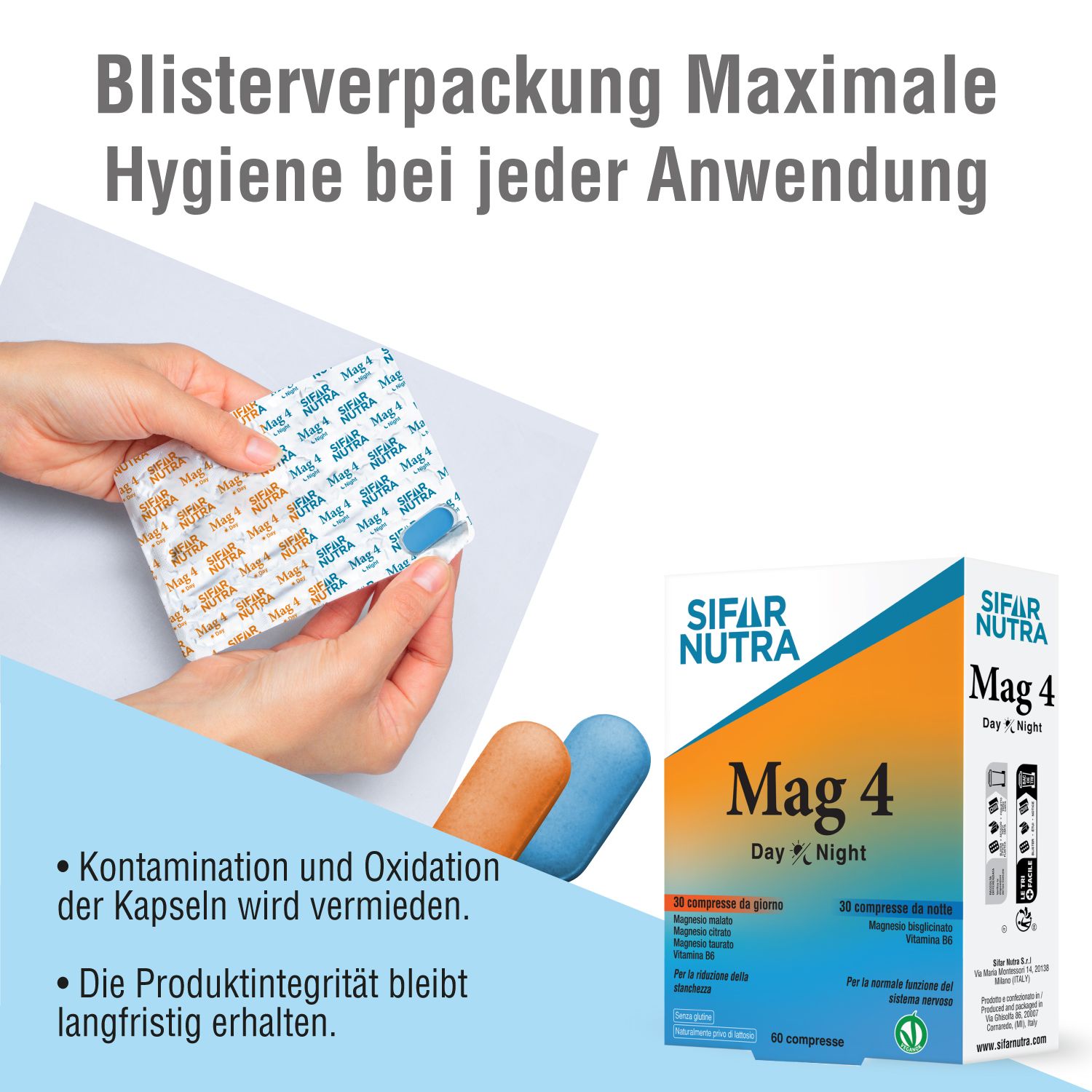 Hände halten Blisterpackung mit blauer Kapsel. Sifar Nutra Mag 4 Packung. Orange und blaue Kapseln.
