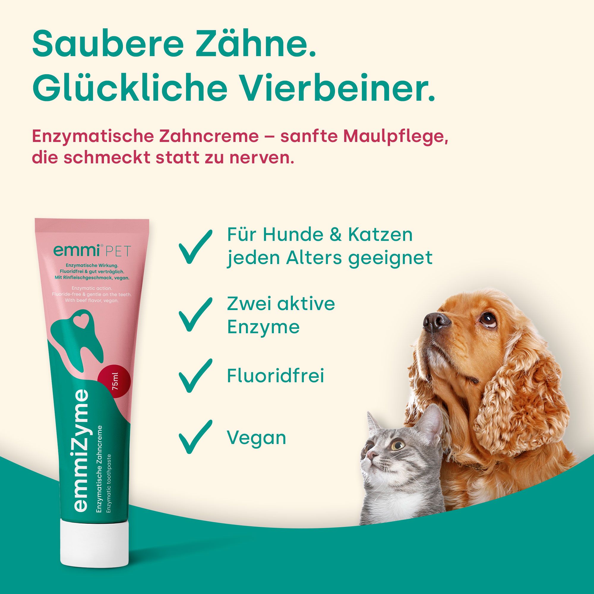EmmiPET emmiZyme Zahnpflege-Gel Tube neben Hund und Katze mit Vorteilen wie für alle Altersgruppen, fluoridfrei und vegan.