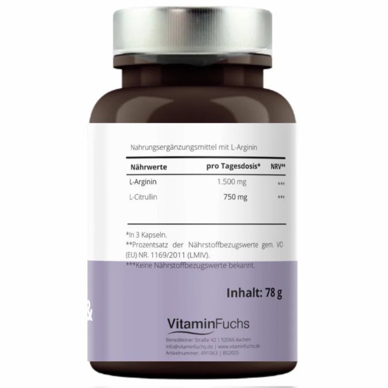 Etikett mit Nährwertangaben pro Tagesdosis. Enthält L-Arginin und L-Citrullin. Gewicht: 78g. Marke: VitaminFuchs.