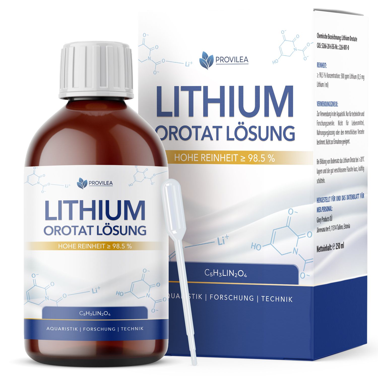 Braune Glasflasche und Karton mit weißem Etikett. Aufschrift: Lithium Orotat Lösung. Daneben eine Pipette. Hintergrund: weiß.