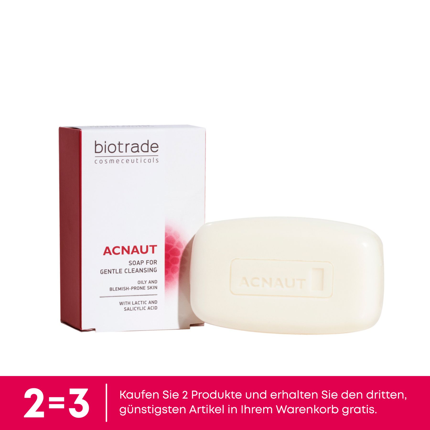 Acnaut Seife und Verpackung. Text: Biotrade, Acnaut Soap. Angebot: Kaufe 2, erhalte 3. Kostenloser Artikel im Warenkorb.
