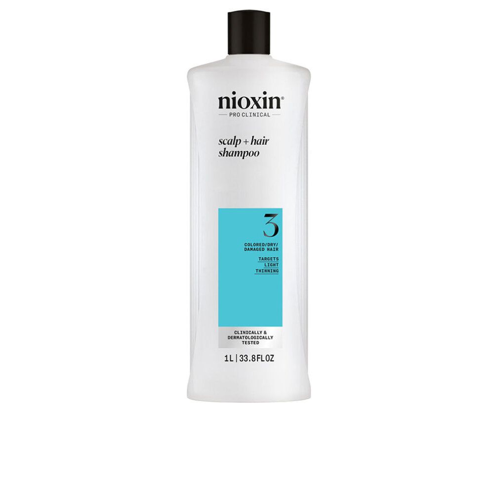 Weißes Shampoo-Flakon mit schwarzem Deckel. Türkisfarbenes Etikett mit Text. Aufschrift: Nioxin, Shampoo, 3, 1L.