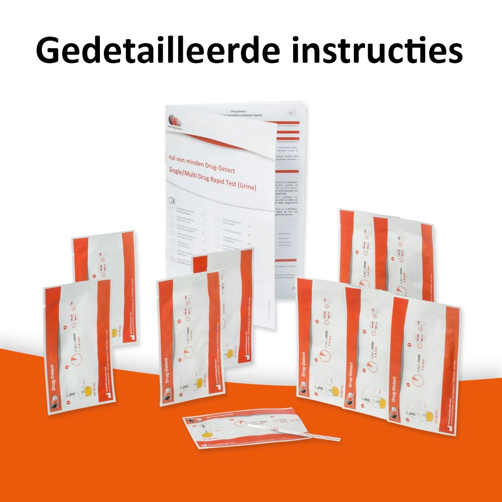 Meerdere testverpakkingen en een handleiding. Opschrift: Gedetailleerde instructies.