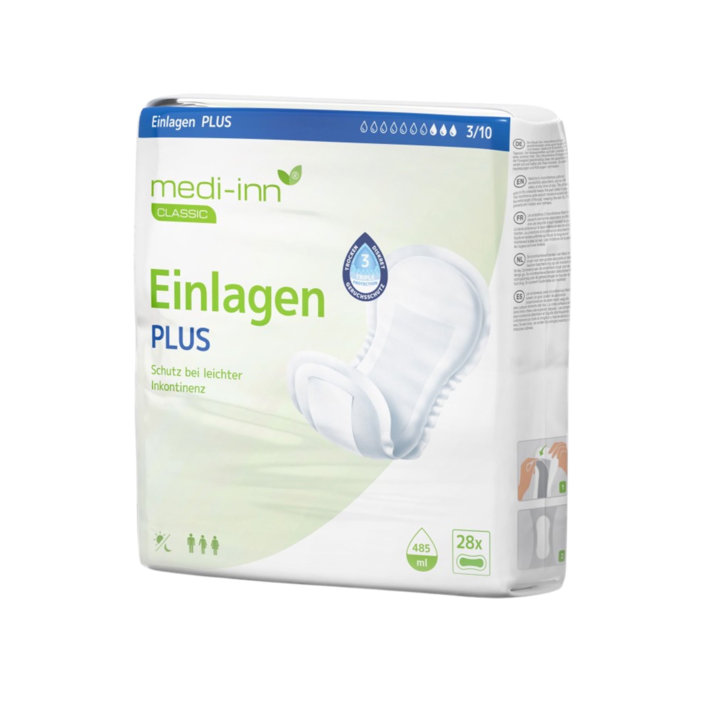 Verpackung von Inkontinenzeinlagen. Marke: medi-inn. Enthält 28 Stück.