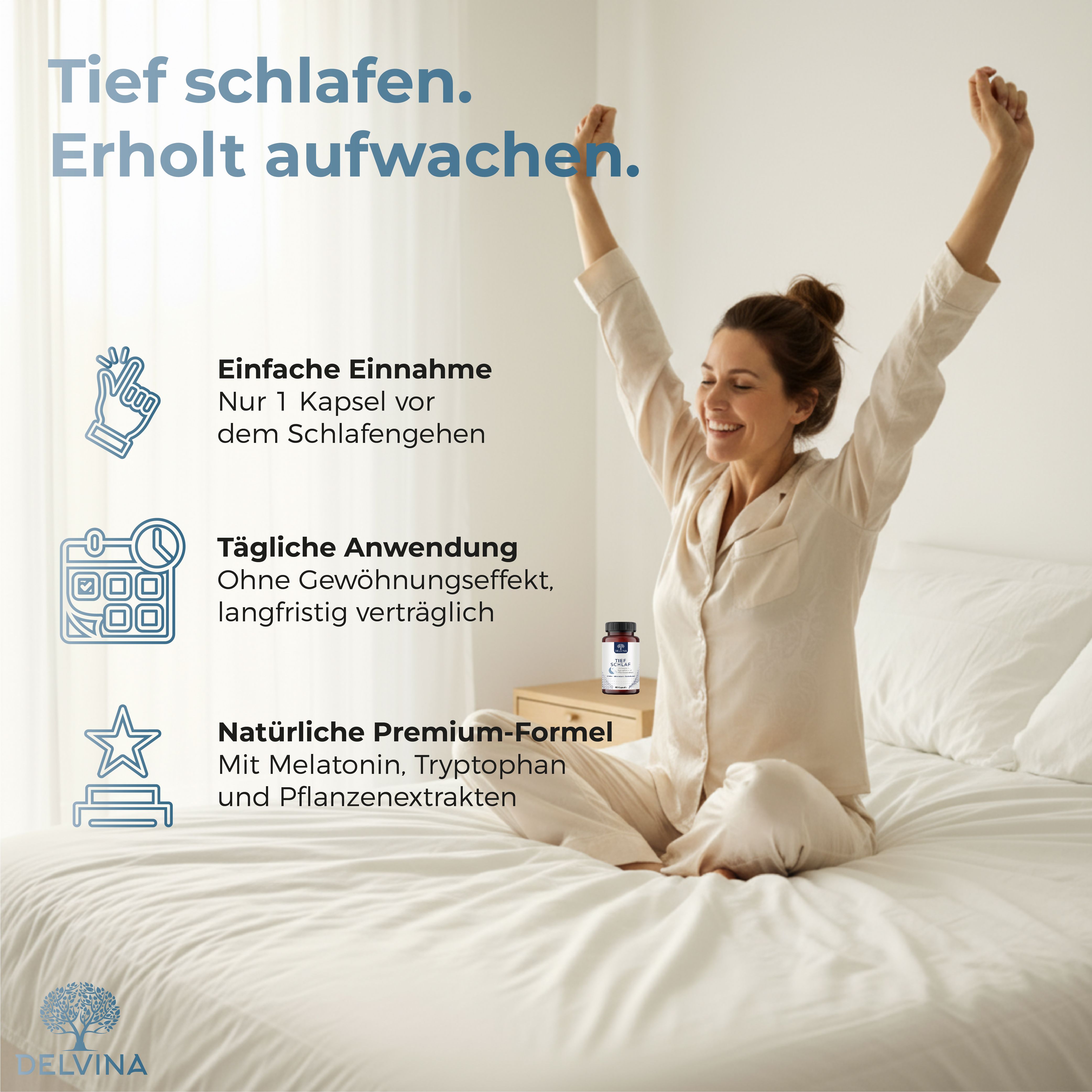 Delvina Tief Schlafkapseln mit Melatonin, Tryptophan, Valerensäure, Linalool & Xanthohumol