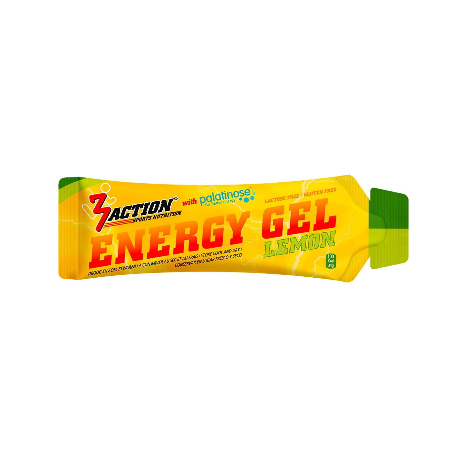 Gelbe Verpackung mit Aufschrift "3Action Energy Gel Lemon". Enthält Palatinose. Glutenfrei, laktosefrei.