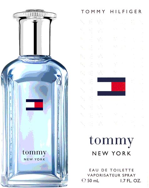 Hellblaues Parfümflakon neben weißer Verpackung. Logo in Rot, Weiß und Blau. Aufschrift: Tommy New York. Text: Eau de Toilette.