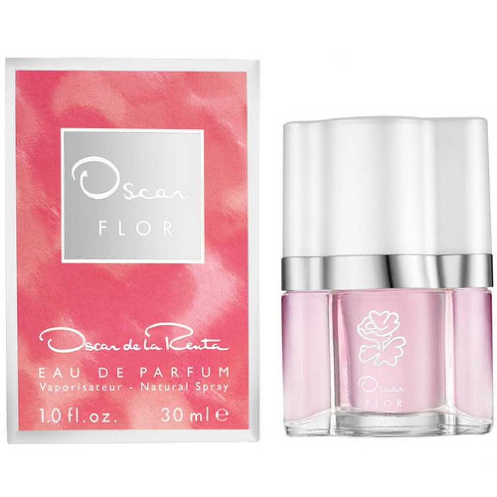 Rosa Parfumflasche mit weißem Deckel und Karton. Auf dem Karton steht "Oscar Flor".