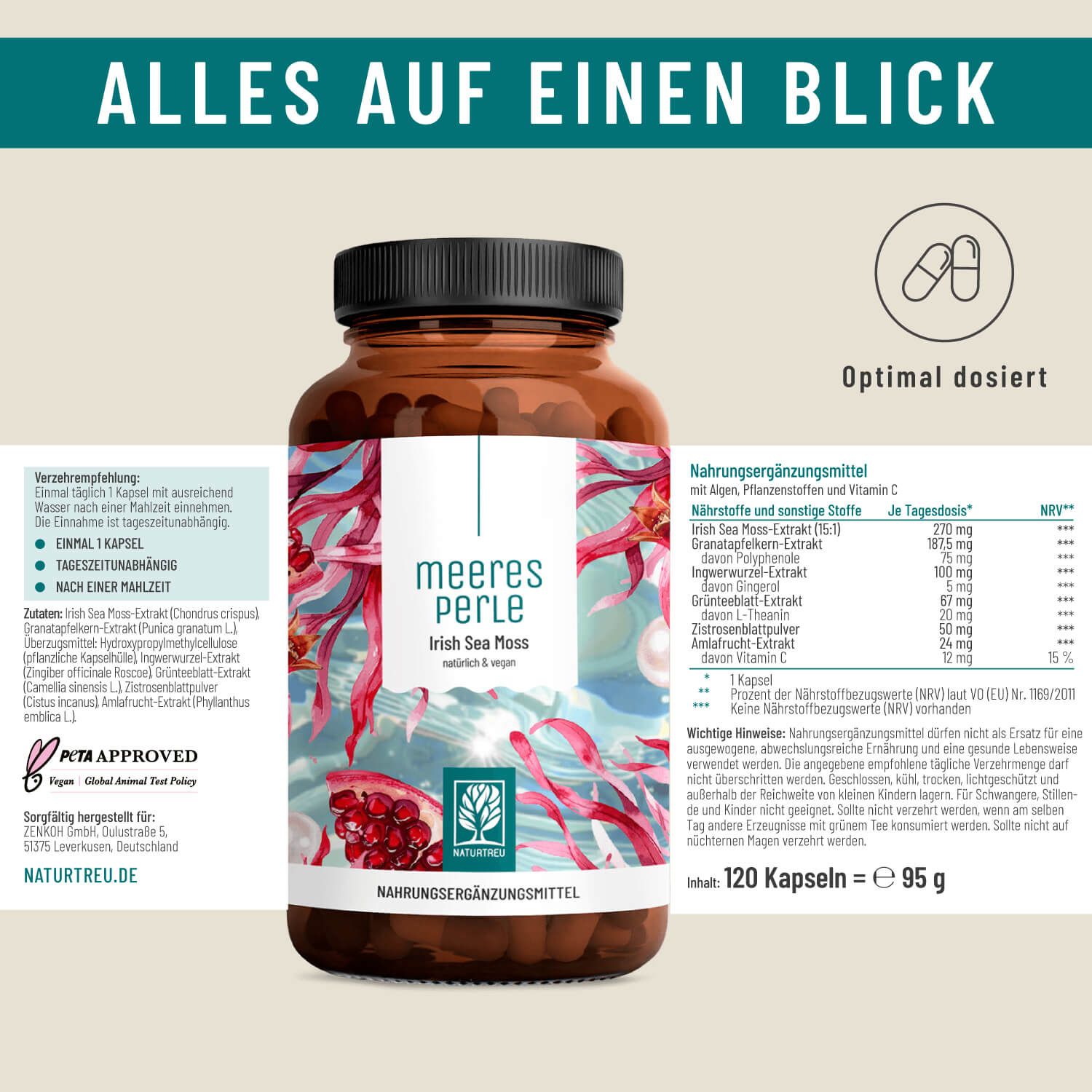 Braune Glasflasche mit Kapseln. Text: MEERESPERLE Irish Sea Moss. Inhaltsstoffe und Nährwerte. Vegan. 120 Kapseln.
