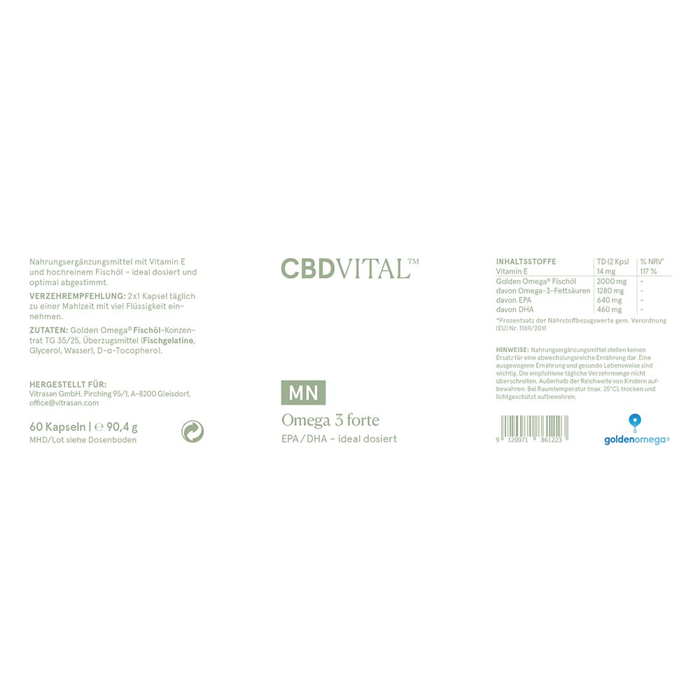 Etikett mit Produktinformationen. CBD VITAL, MN Omega 3 forte. Inhaltsstoffe, Dosierung, Herstellerangaben.