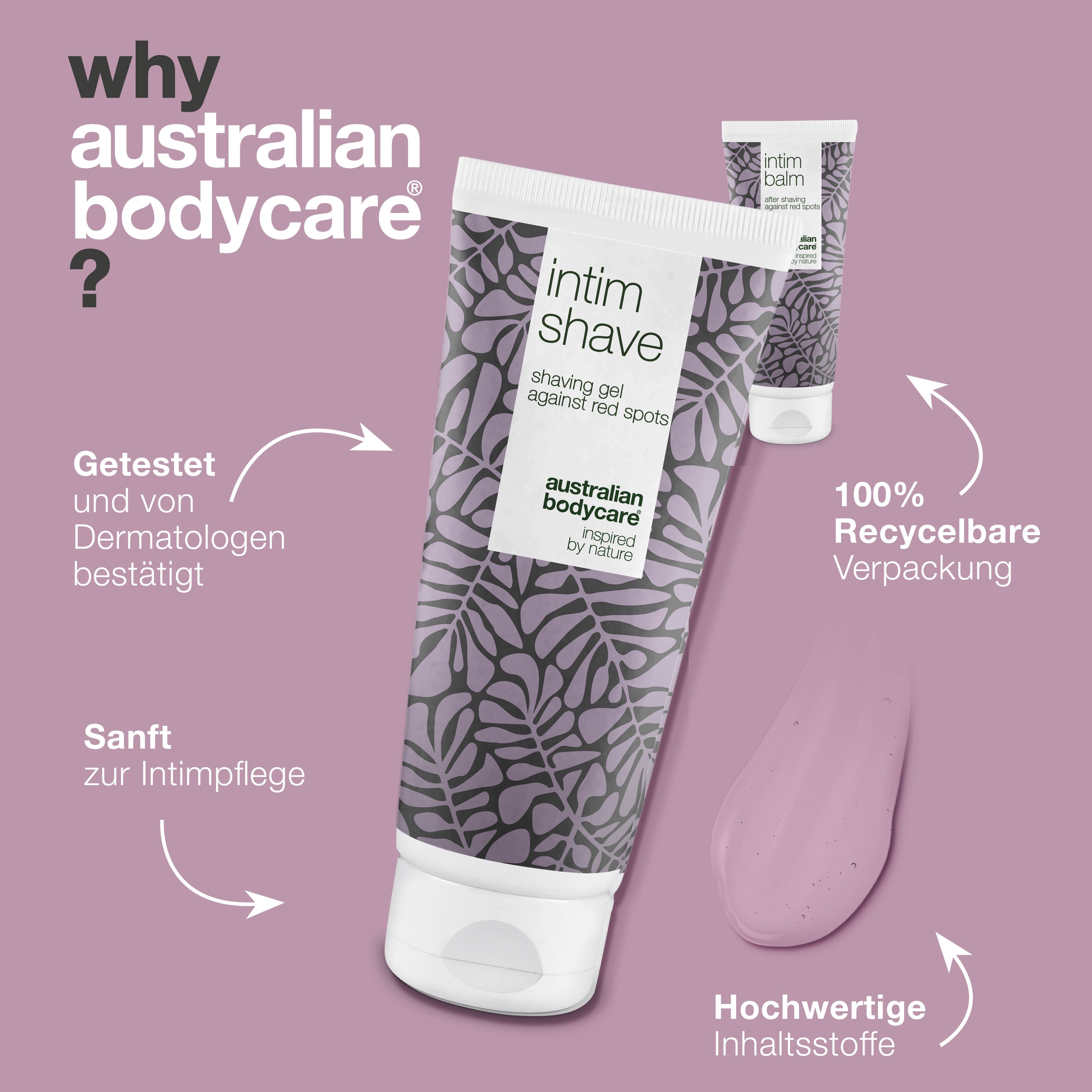 Intim Shave und Intim Balm. Text: Australian Bodycare. Lila Muster. Vorteile. Produktprobe.