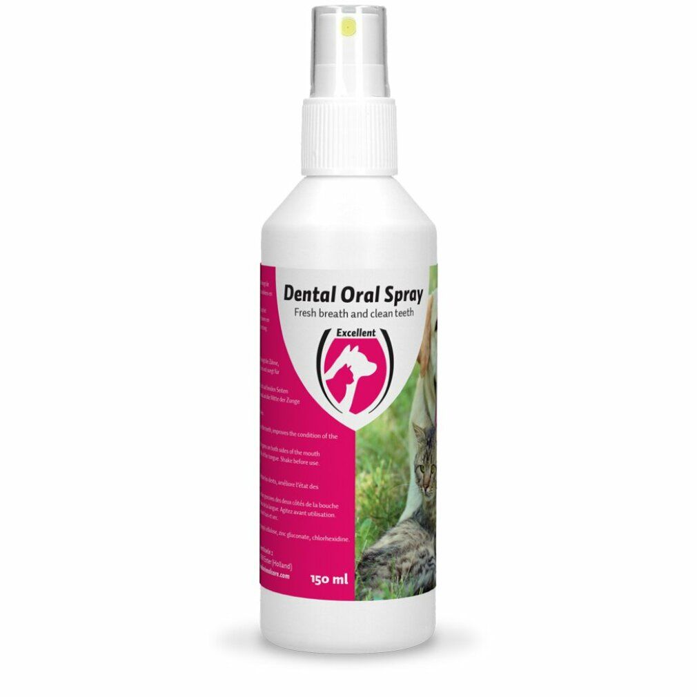 Weißes Sprayfläschchen mit Sprühkopf. Aufschrift: Dental Oral Spray. Logo mit Tierabbildung. Rosa Etikett. 150 ml.