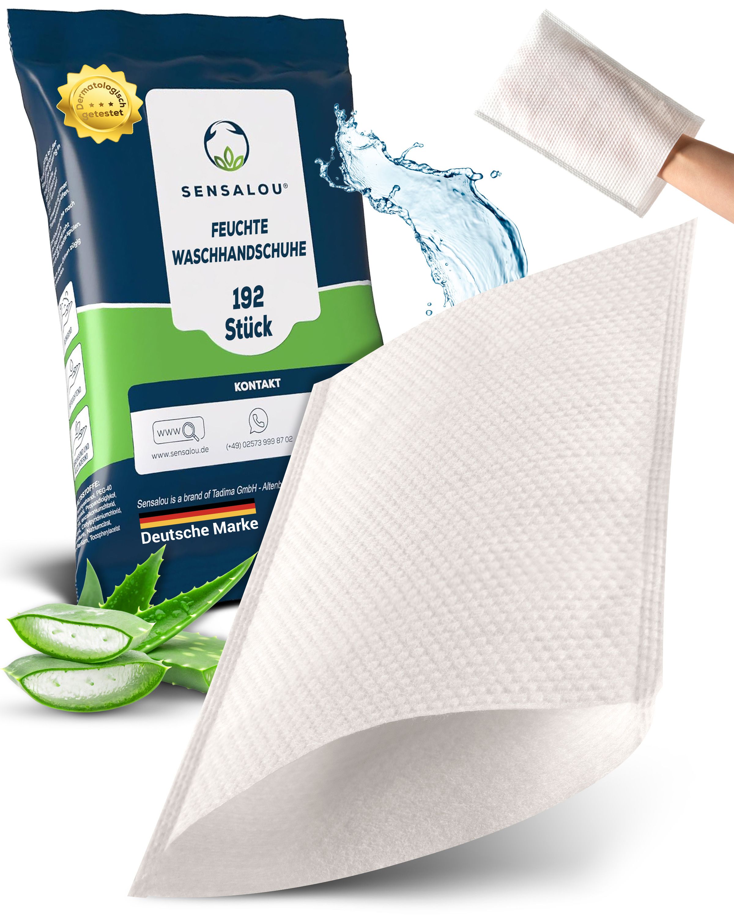 Verpackung mit Waschhandschuhen. Text: Sensalou Feuchte Waschhandschuhe, 192 Stück. Logo. Aloe Vera. Deutsche Marke. Waschhandschuh in der Hand.