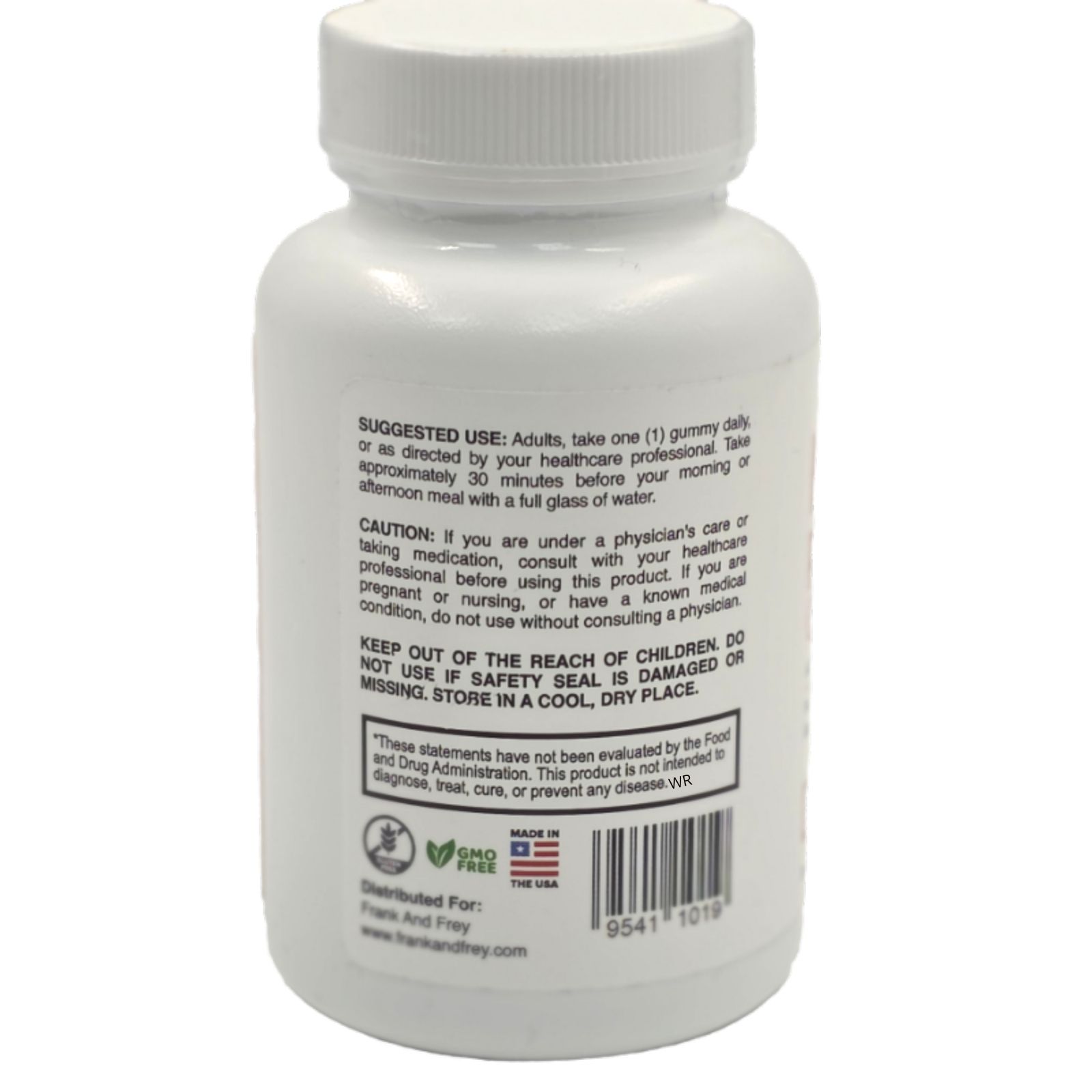 Rückseite einer weißen Flasche. Text: Suggested Use, Caution, Keep out of reach of children. GMO Free, Made in USA.