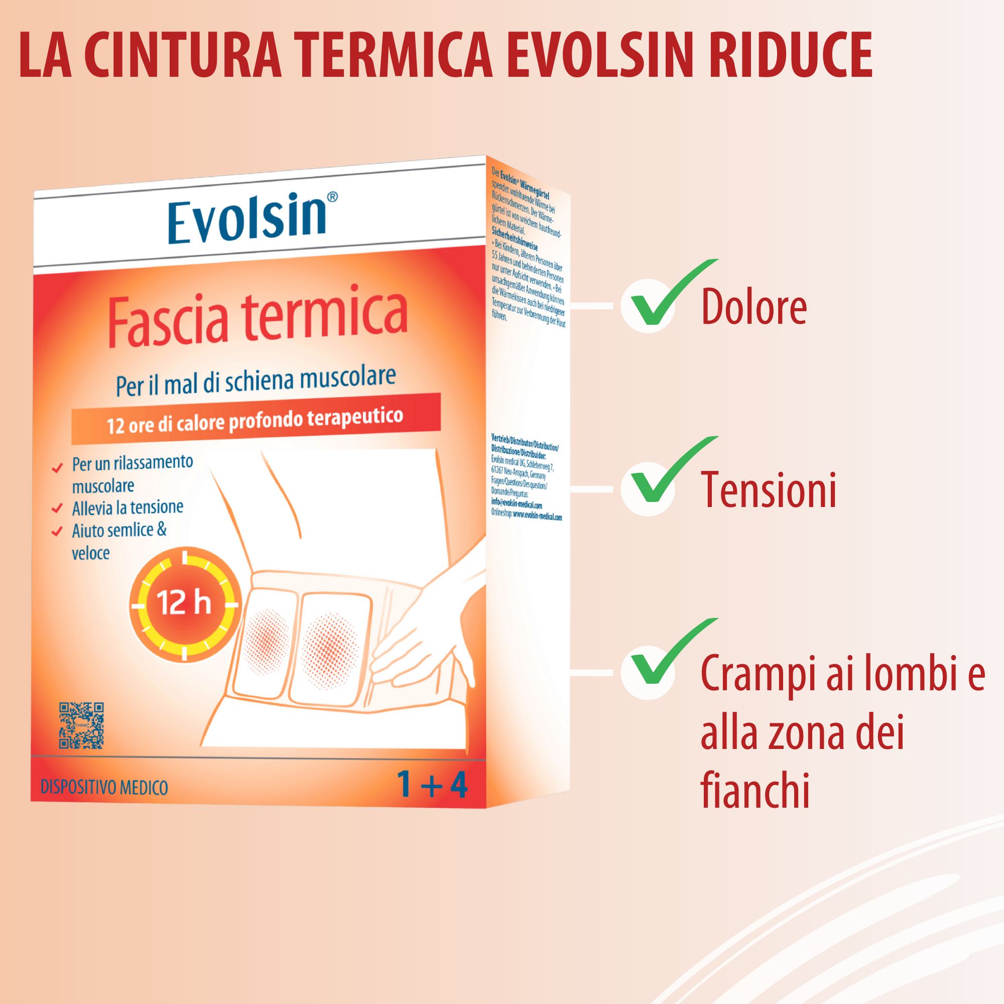 Grafica con icone e testo. Efficacia rapida, delicato sulla pelle, fino a 12 ore di calore, senza agenti chimici.