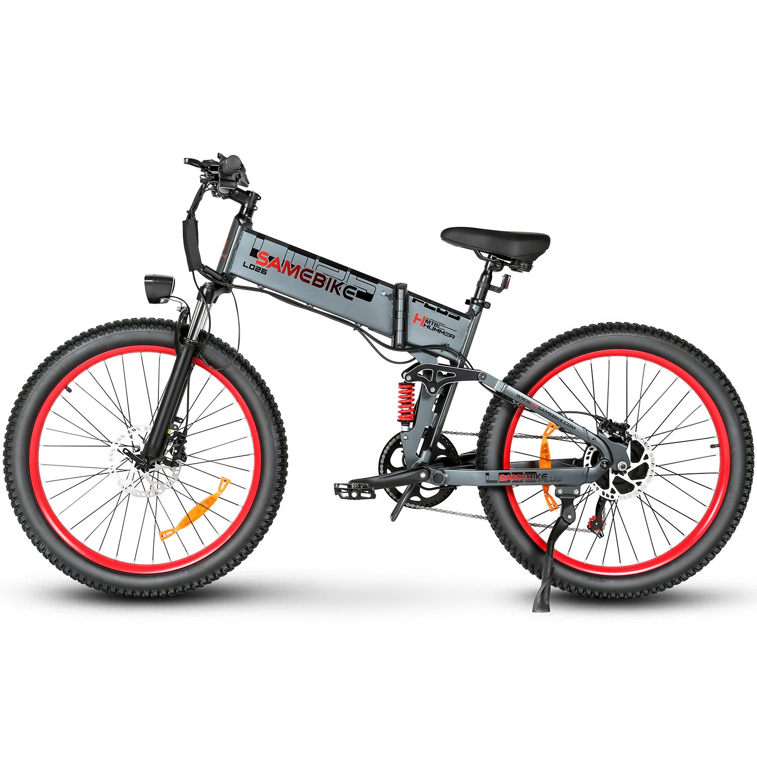 Graues Klapp-E-Bike mit roten Felgen. Sichtbar: Marke SAMEBIKE, Modell LO26Plus. Schwarze Reifen, Sattel und Lenker. Rote Federung.