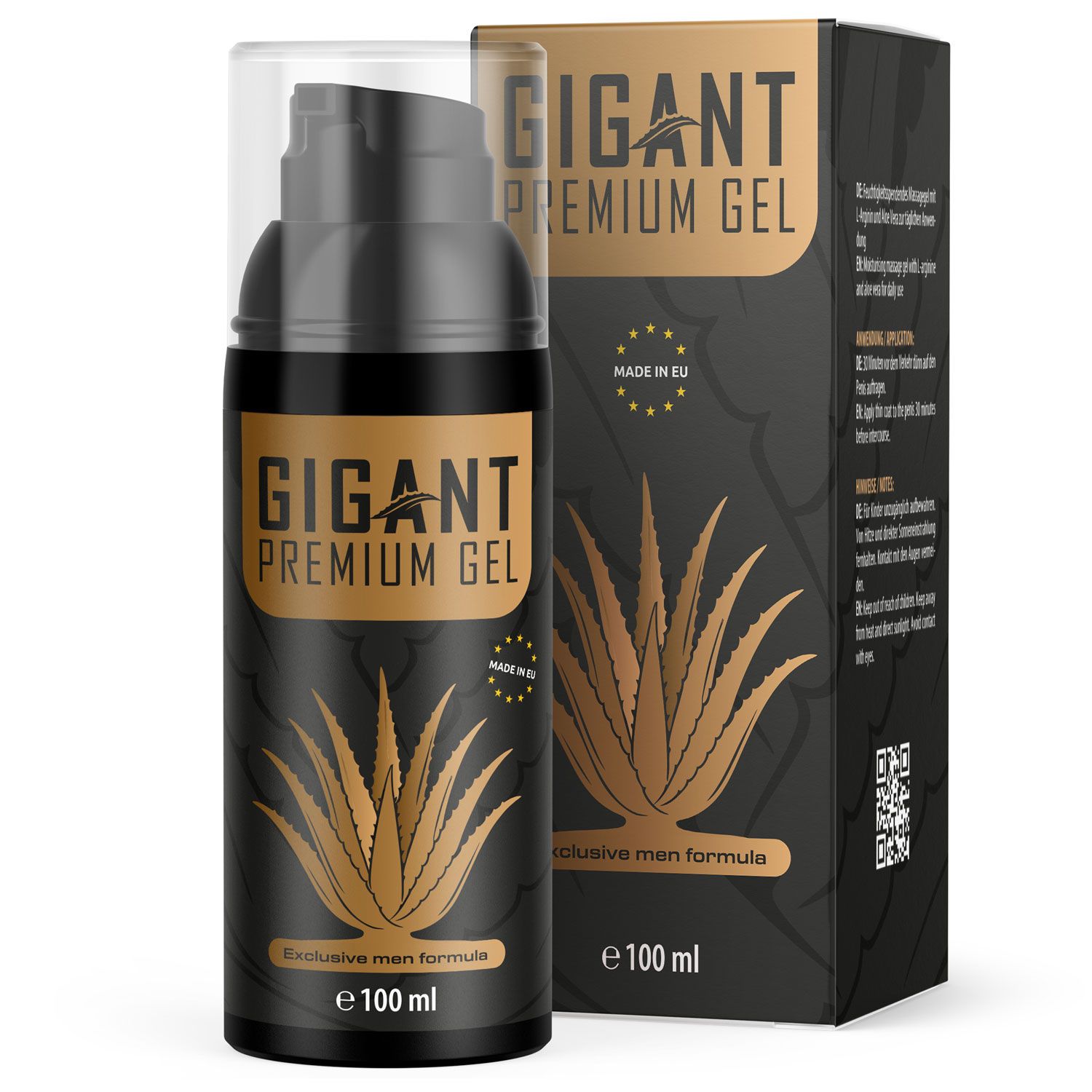 Schwarze Flasche mit goldfarbenem Etikett. Aufschrift: GIGANT PREMIUM GEL. Aloe Vera-Motiv. E 100 ml. Mit Verpackung.