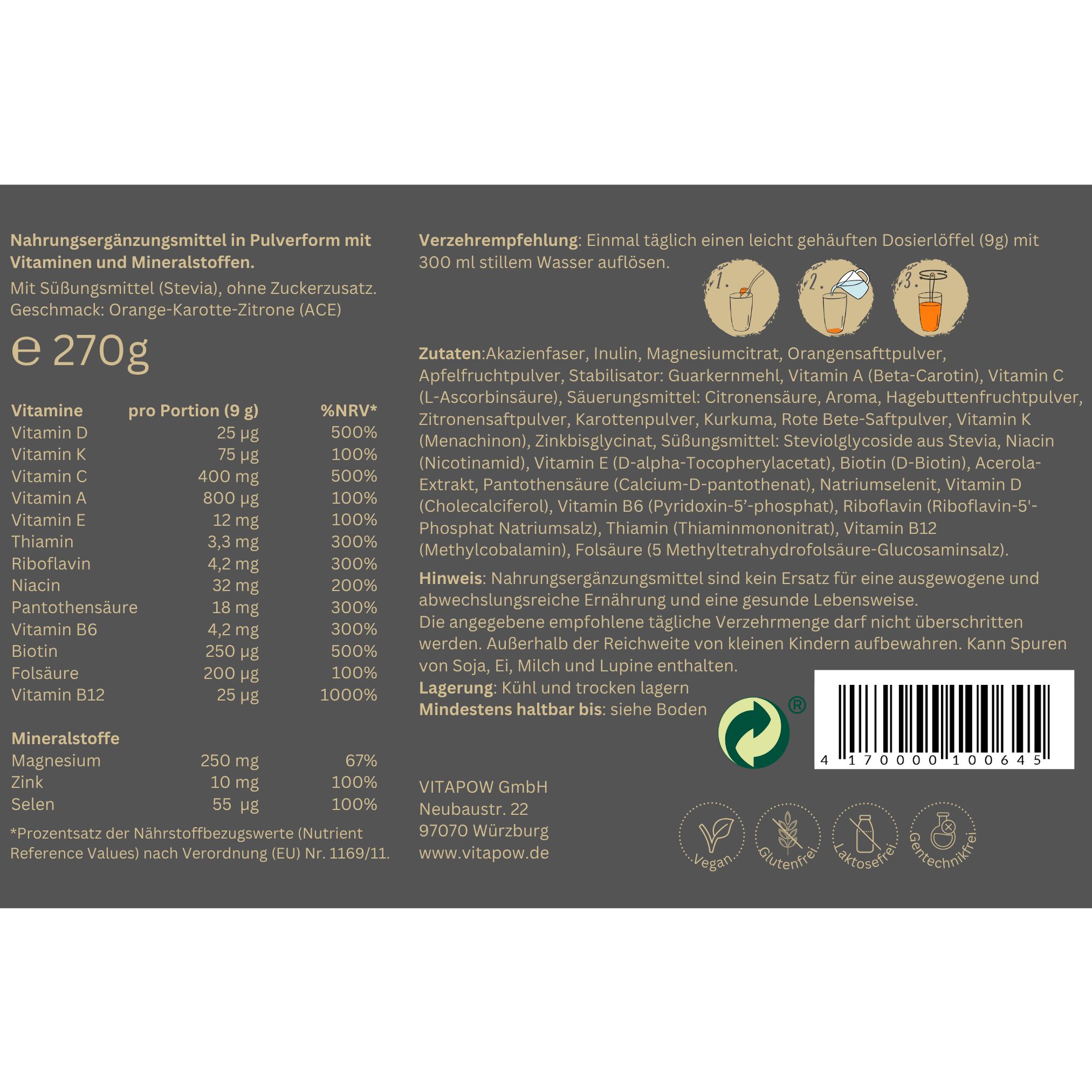Rückseite der Vitapow Multivitamin Pulver Dose. Text: Inhaltsstoffe, Verzehrempfehlung, Nährwerttabelle, Mindesthaltbarkeit.