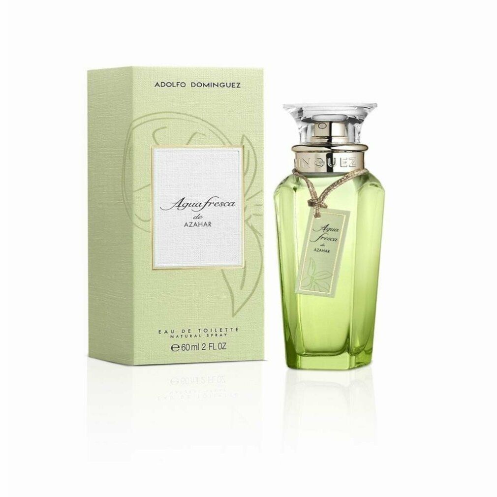 Adolfo Dominguez Agua Fresca De Azahar Eau De Toilette Spray. Flakon und Schachtel. Hellgrünes Glas, goldener Verschluss, Etikett.