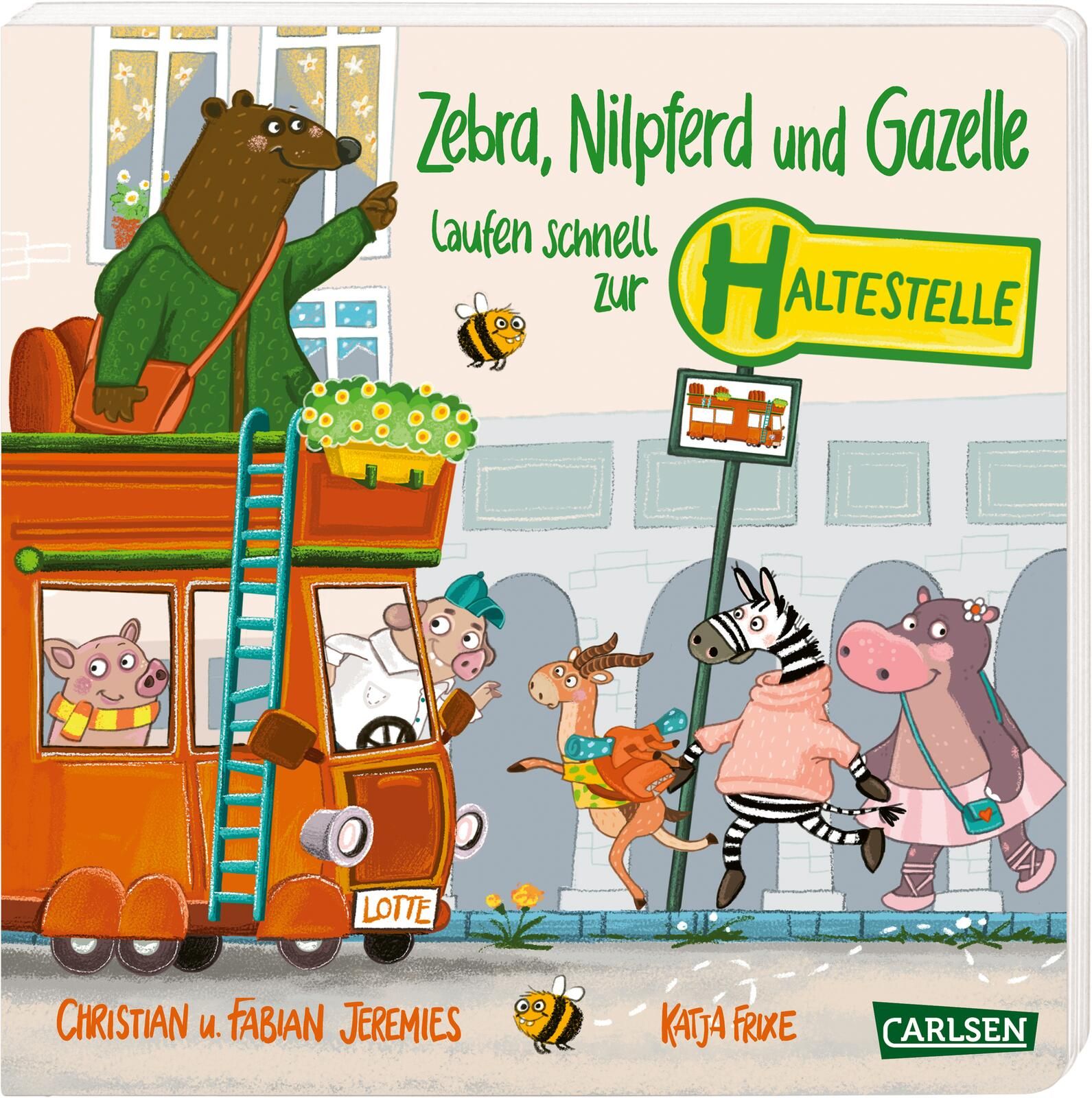 Buchcover: Titel "Zebra, Nilpferd und Gazelle laufen schnell zur Haltestelle". Illustration mit Tieren an einer Bushaltestelle.