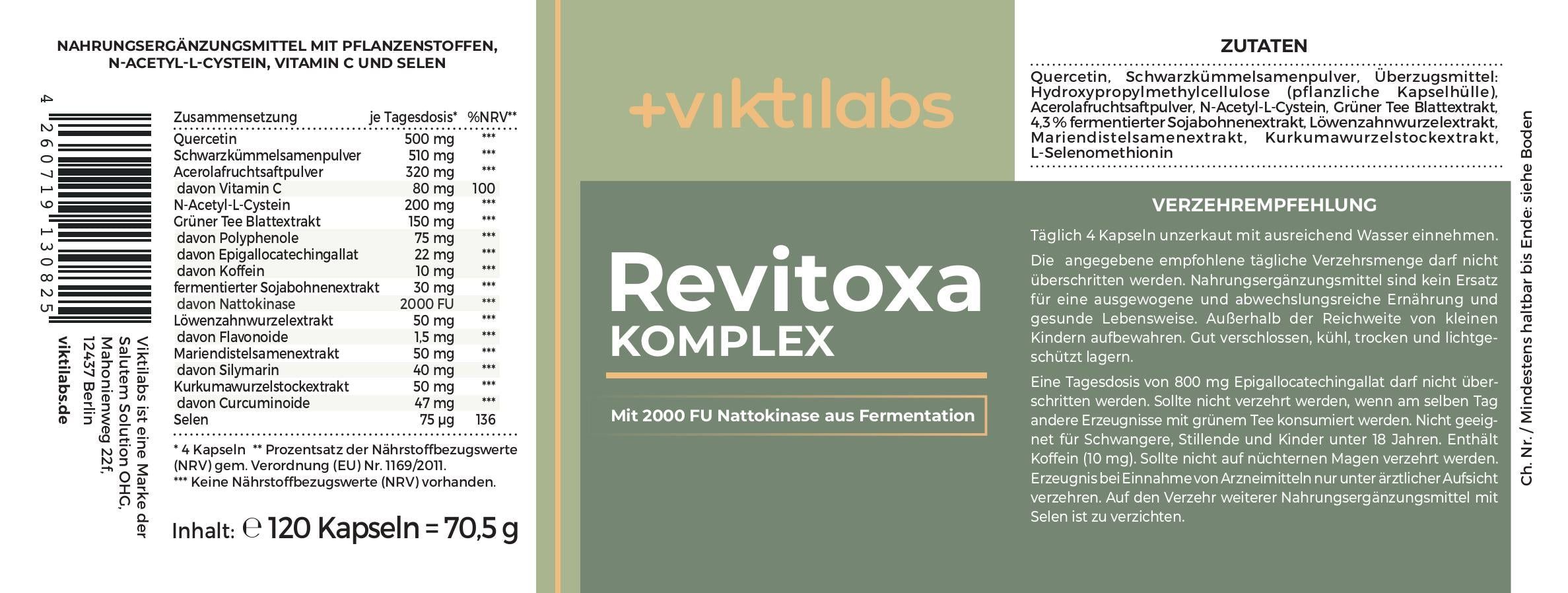 Viktilabs Revitoxa: Nattokinase Komplex mit NAC, Quercetin, Selen und wertvollen Pflanzenextrakten