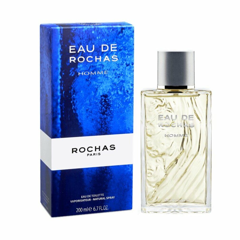 Flakon und blaue Verpackung. Aufschrift: EAU DE ROCHAS HOMME. Darunter: ROCHAS PARIS. Unten: EAU DE TOILETTE.