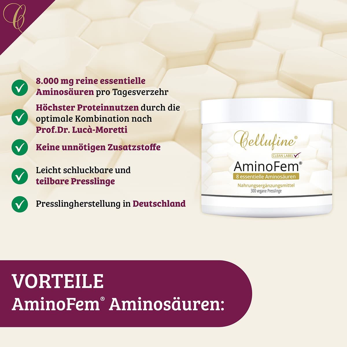 Produktabbildung mit Text. Zeigt eine Dose Cellufine® AminoFem® Aminosäuren. Text: Vorteile AminoFem® Aminosäuren: reine essentielle Aminosäuren, leicht schluckbare Presslinge.