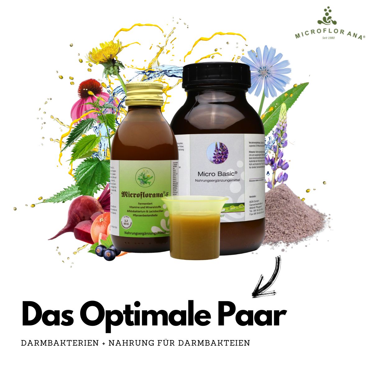Zwei braune Glasflaschen mit Etiketten, ein Messbecher mit Flüssigkeit. Aufschrift: Microflorana, Micro Basic, Das optimale Paar.