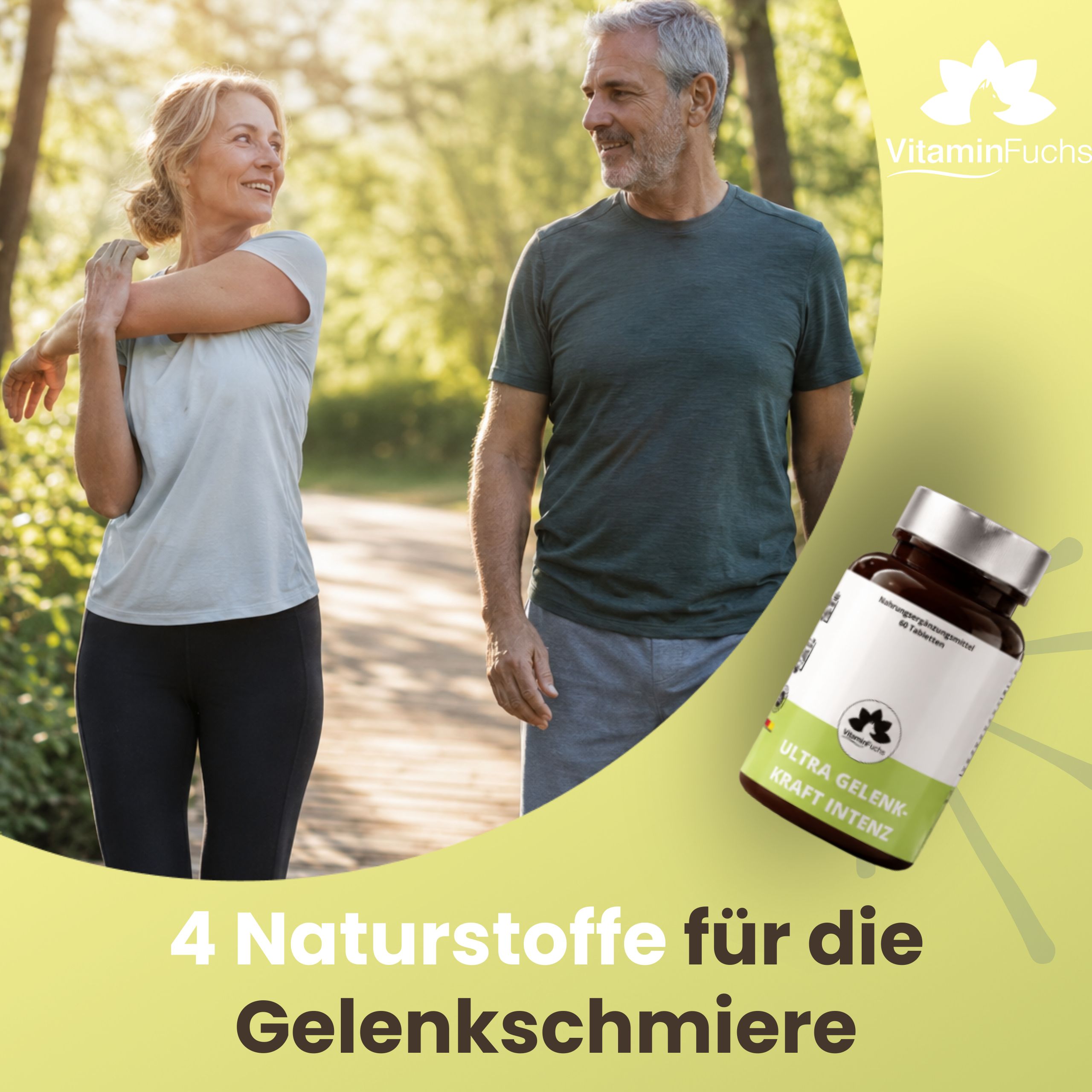 Paar beim Dehnen im Freien. Flasche mit Tabletten. Text: 4 Naturstoffe für die Gelenkschmierung. VitaminFuchs Logo.