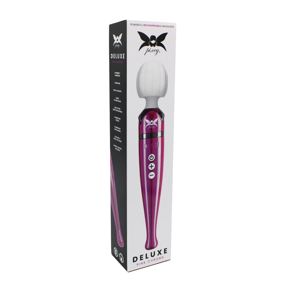Verpackung eines pinken Massage-Wands mit Produktabbildung.