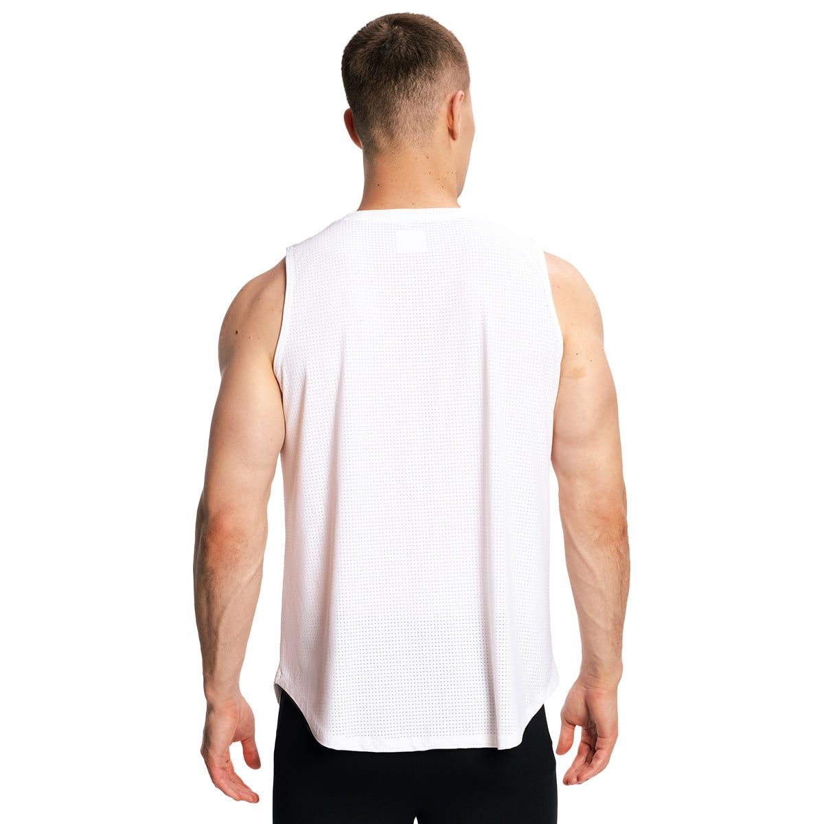 Rückansicht eines weißen, ärmellosen Herren-Tanktops mit leicht abgerundetem Saum.