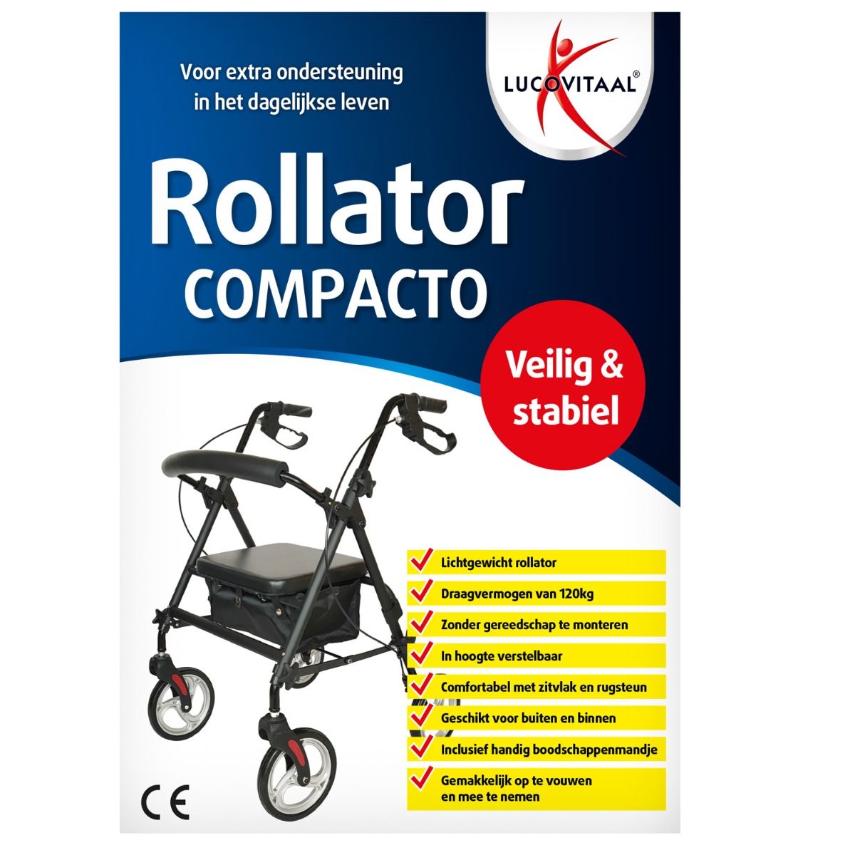 Rollator Compacto noir avec siège, panier et poignées. Marque CE. Logo Lucovitaal.