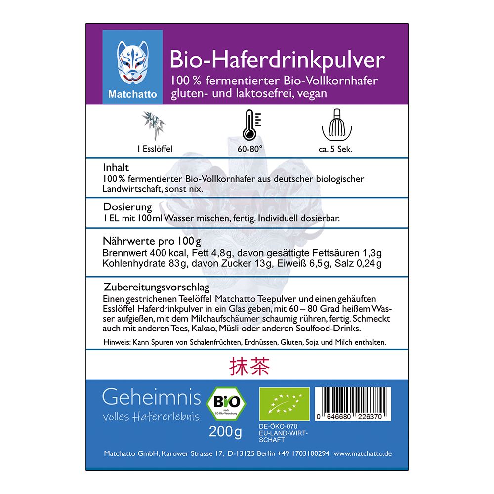 Rückseite der Produktverpackung mit Informationen. Text: Bio-Haferdrinkpulver, Inhaltsstoffe, Zubereitung, Nährwerte. Bio-Siegel.