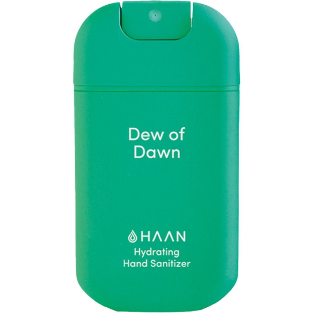 Grüner Handdesinfektionsmittel-Taschenzerstäuber. Oben steht "Dew of Dawn", darunter "HAAN Hydrating Hand Sanitizer".