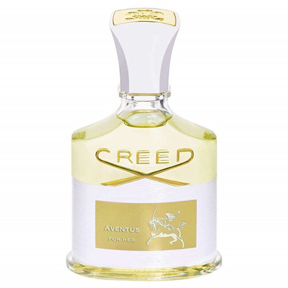 Parfümflakon mit weißem Verschluss. Goldene Schrift: Creed, Aventus for Her. Gelbe Flüssigkeit sichtbar.