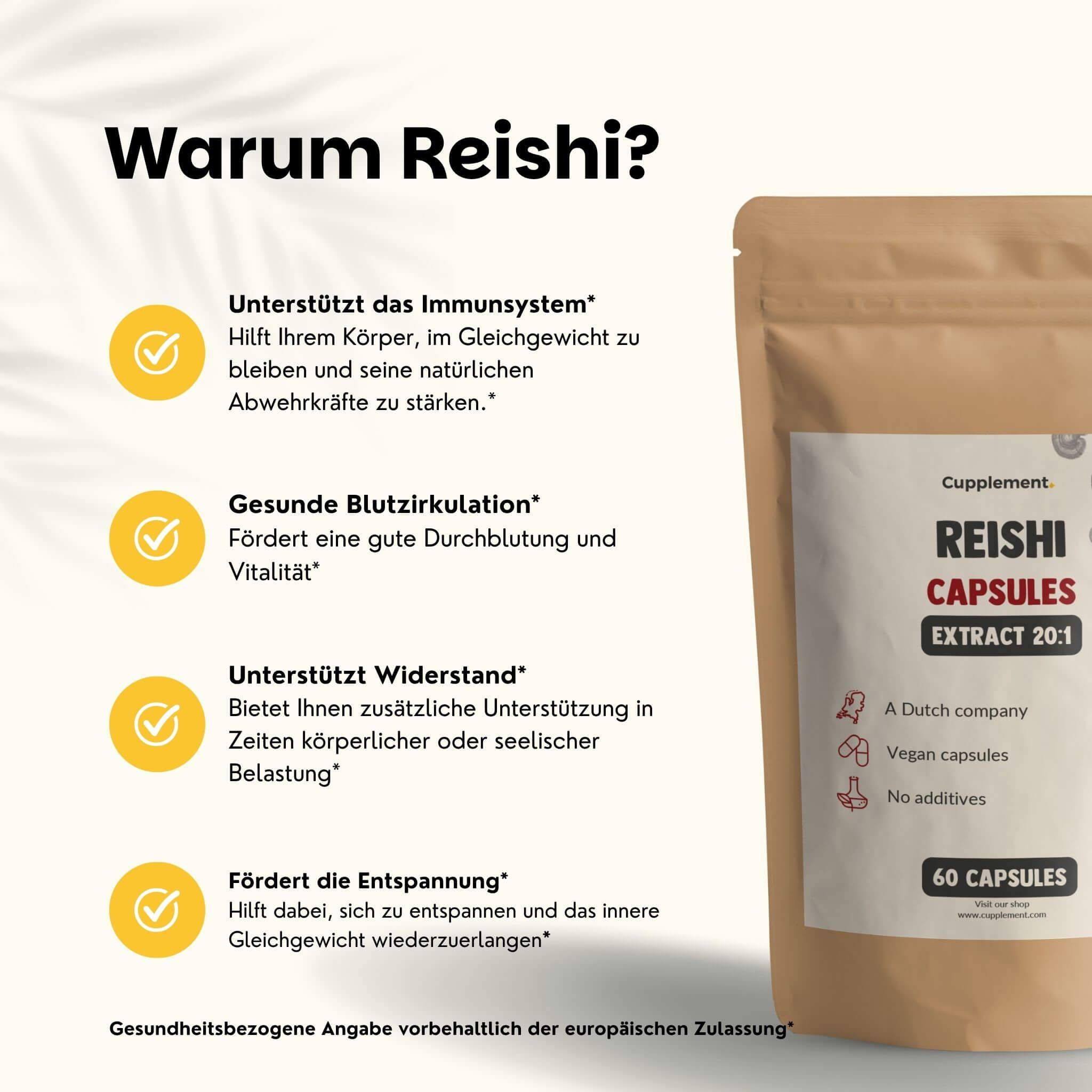 Text: Warum Reishi? Unterstützt Immunsystem, gesunde Blutzirkulation, Widerstand, Entspannung. Kapsel-Beutel.