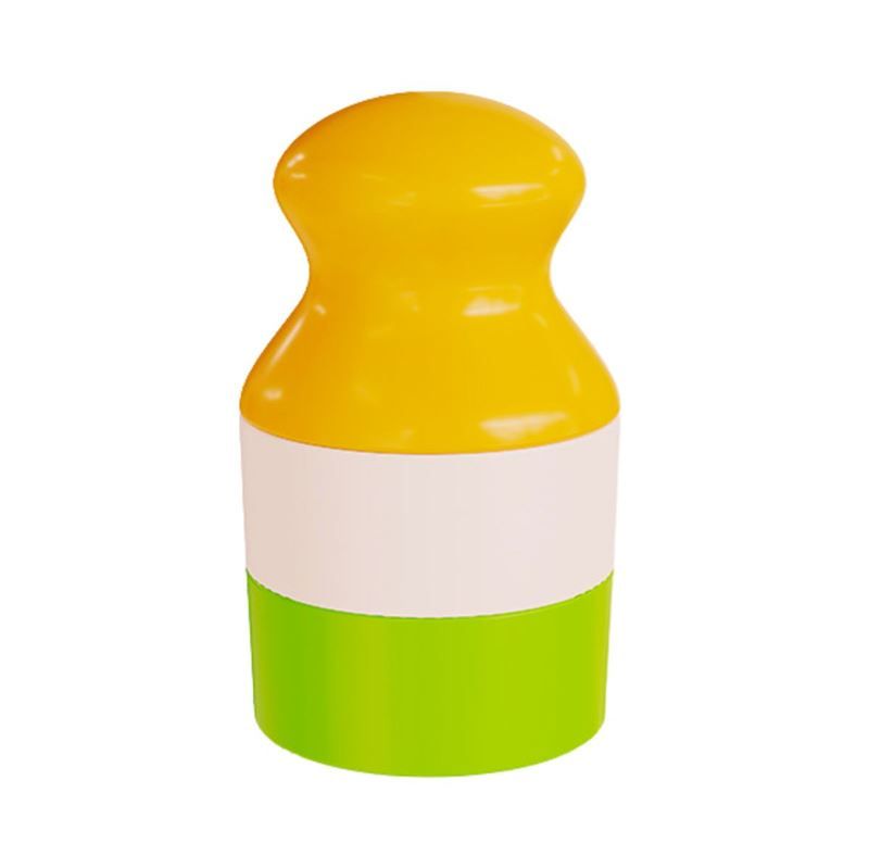Gelb-weiß-grüner Roller-Applikator. Zylindrische Form mit abgerundeter Oberseite. Drei horizontale Farbstreifen.